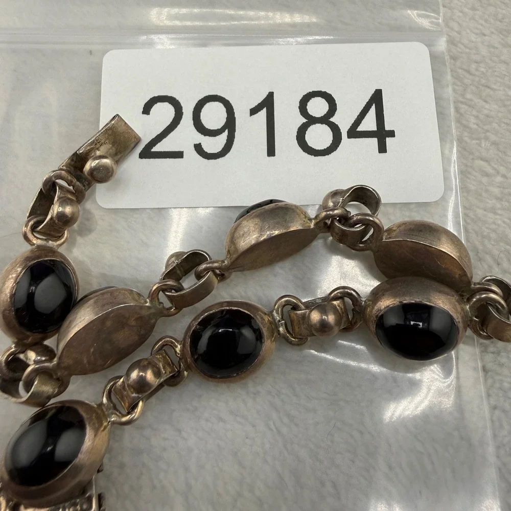 Vintage Taxco Mexico Sterling Silver Bracelet Black Onyx Link 7.5in